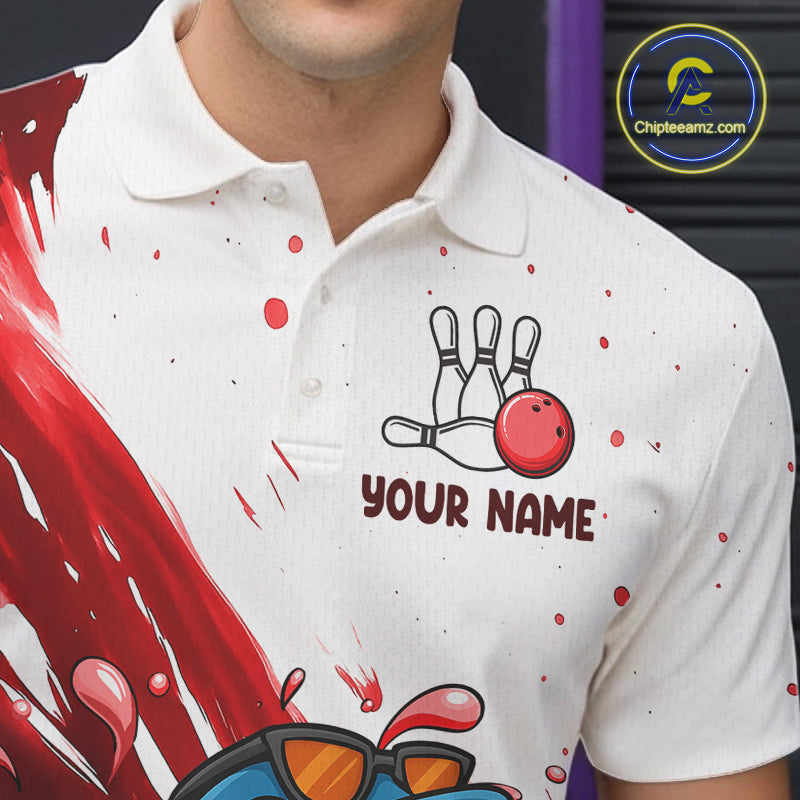Red And White Funny Shark Bowling Polo, Quarter Zip Shirts For Men Custom Bowling Team Jersey TDM7458