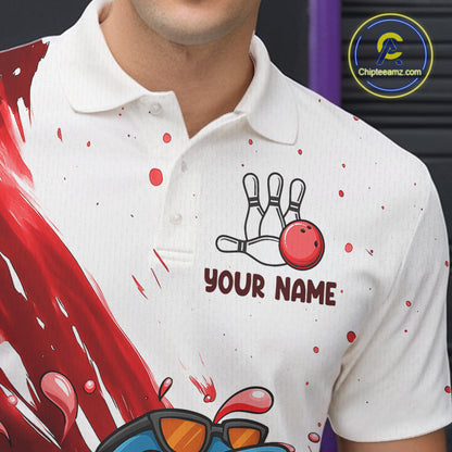 Red And White Funny Shark Bowling Polo, Quarter Zip Shirts For Men Custom Bowling Team Jersey TDM7458