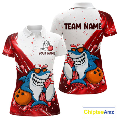 Red And White Funny Shark Bowling Polo, Quarter Zip Shirts For Women Custom Bowling Team Jersey TDM7458