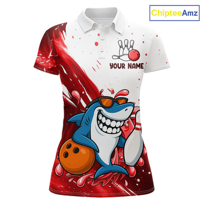 Red And White Funny Shark Bowling Polo, Quarter Zip Shirts For Women Custom Bowling Team Jersey TDM7458