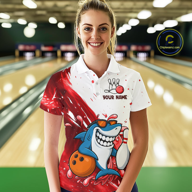 Red And White Funny Shark Bowling Polo, Quarter Zip Shirts For Women Custom Bowling Team Jersey TDM7458