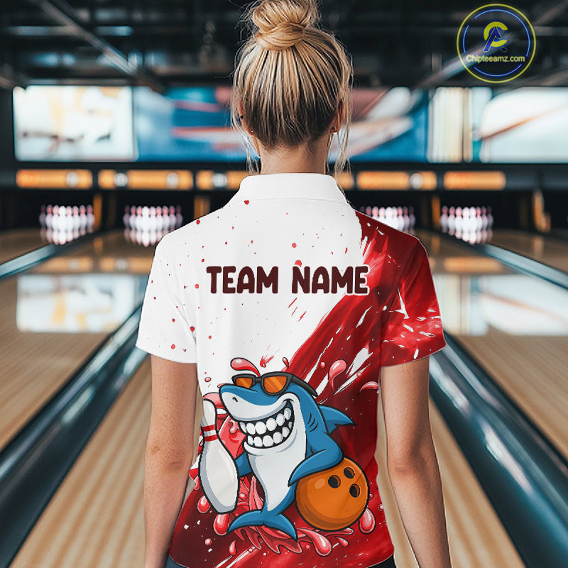 Red And White Funny Shark Bowling Polo, Quarter Zip Shirts For Women Custom Bowling Team Jersey TDM7458