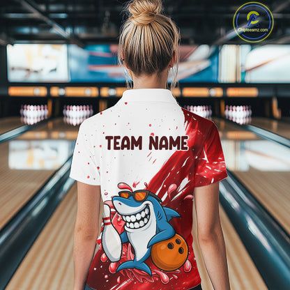 Red And White Funny Shark Bowling Polo, Quarter Zip Shirts For Women Custom Bowling Team Jersey TDM7458