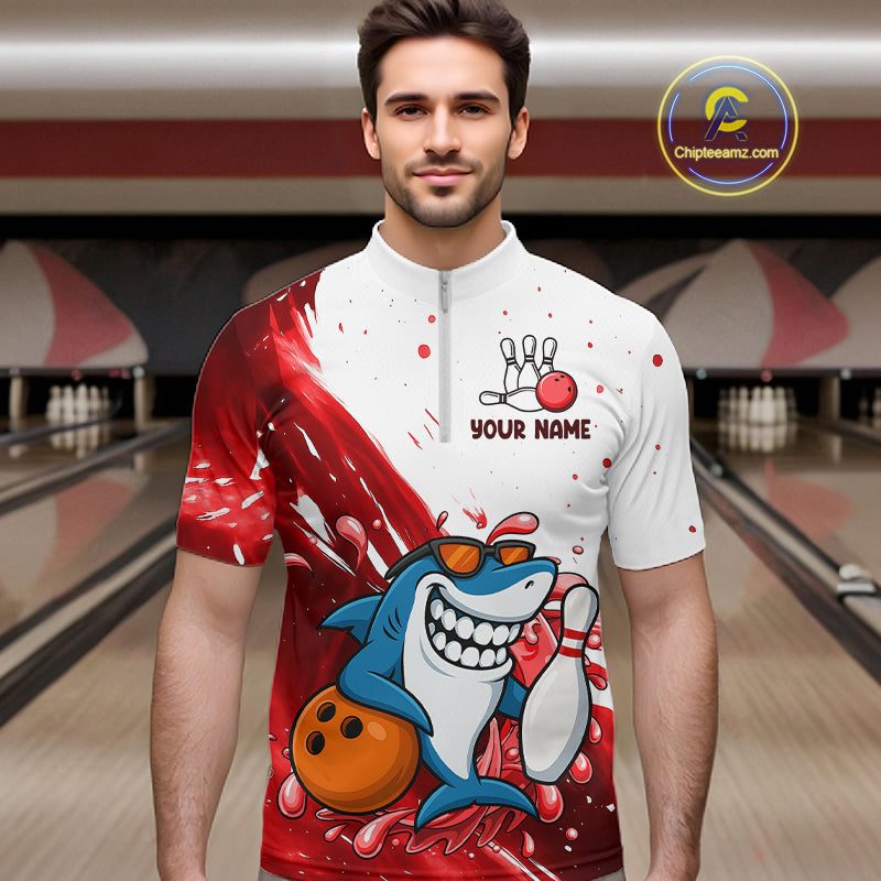 Red And White Funny Shark Bowling Polo, Quarter Zip Shirts For Men Custom Bowling Team Jersey TDM7458