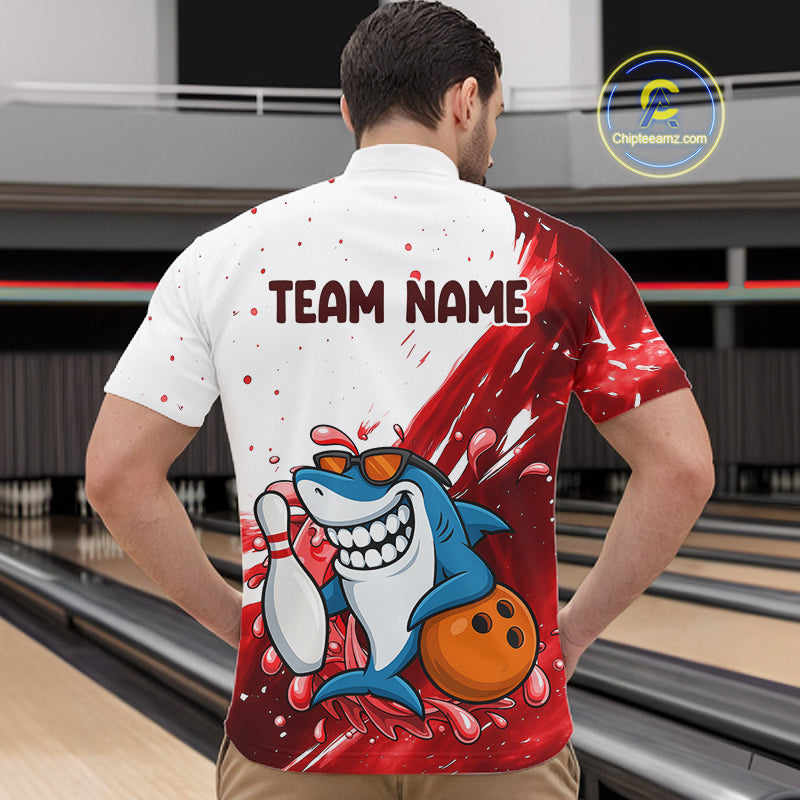 Red And White Funny Shark Bowling Polo, Quarter Zip Shirts For Men Custom Bowling Team Jersey TDM7458