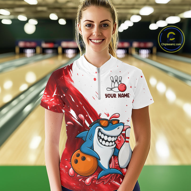 Red And White Funny Shark Bowling Polo, Quarter Zip Shirts For Women Custom Bowling Team Jersey TDM7458
