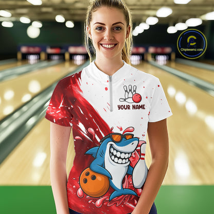 Red And White Funny Shark Bowling Polo, Quarter Zip Shirts For Women Custom Bowling Team Jersey TDM7458