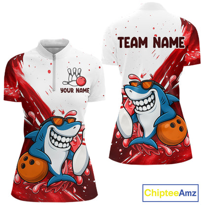 Red And White Funny Shark Bowling Polo, Quarter Zip Shirts For Women Custom Bowling Team Jersey TDM7458
