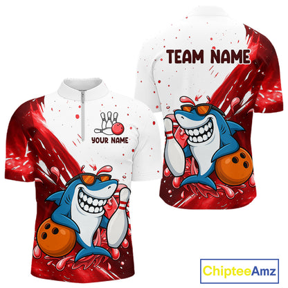 Red And White Funny Shark Bowling Polo, Quarter Zip Shirts For Men Custom Bowling Team Jersey TDM7458