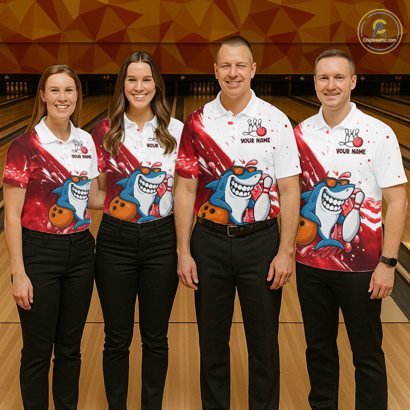 Red And White Funny Shark Bowling Polo, Quarter Zip Shirts For Men Custom Bowling Team Jersey TDM7458