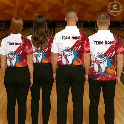 Red And White Funny Shark Bowling Polo, Quarter Zip Shirts For Men Custom Bowling Team Jersey TDM7458