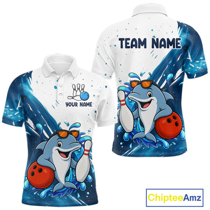 White And Blue Funny Dolphin Bowling Polo, Quarter Zip Shirts For Men Custom Bowling Team Jersey TDM7459