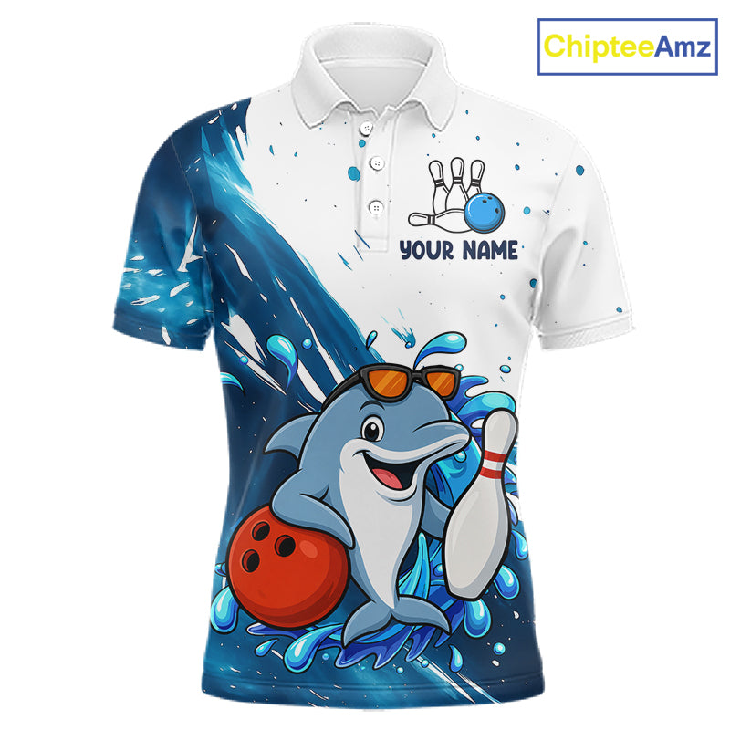 White And Blue Funny Dolphin Bowling Polo, Quarter Zip Shirts For Men Custom Bowling Team Jersey TDM7459