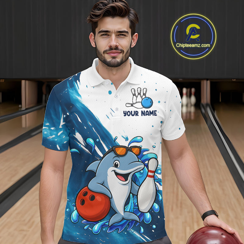 White And Blue Funny Dolphin Bowling Polo, Quarter Zip Shirts For Men Custom Bowling Team Jersey TDM7459