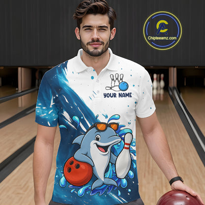 White And Blue Funny Dolphin Bowling Polo, Quarter Zip Shirts For Men Custom Bowling Team Jersey TDM7459