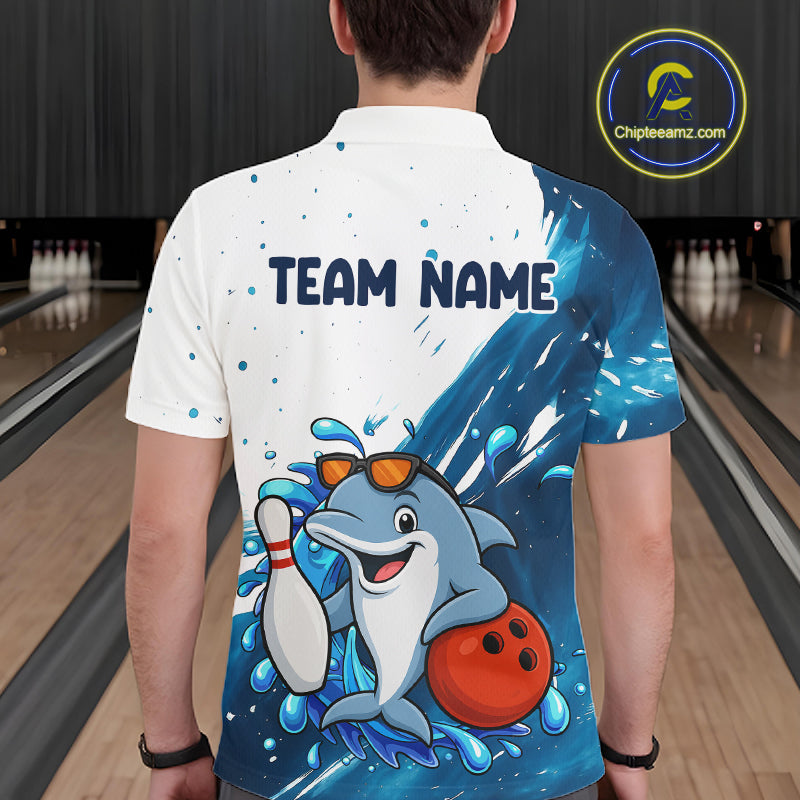 White And Blue Funny Dolphin Bowling Polo, Quarter Zip Shirts For Men Custom Bowling Team Jersey TDM7459