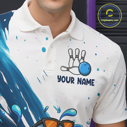 White And Blue Funny Dolphin Bowling Polo, Quarter Zip Shirts For Men Custom Bowling Team Jersey TDM7459