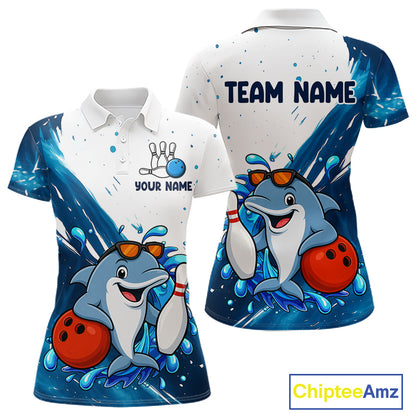 White And Blue Funny Dolphin Bowling Polo, Quarter Zip Shirts For Women Custom Bowling Team Jersey TDM7459