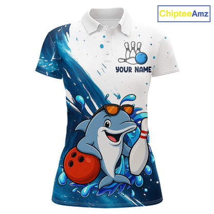White And Blue Funny Dolphin Bowling Polo, Quarter Zip Shirts For Women Custom Bowling Team Jersey TDM7459