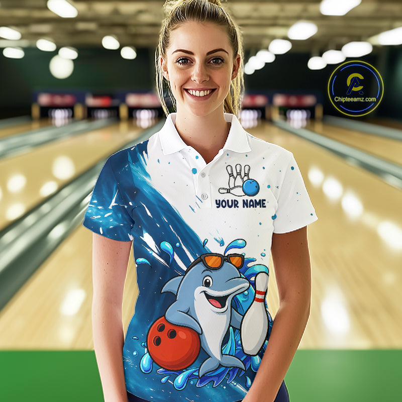 White And Blue Funny Dolphin Bowling Polo, Quarter Zip Shirts For Women Custom Bowling Team Jersey TDM7459