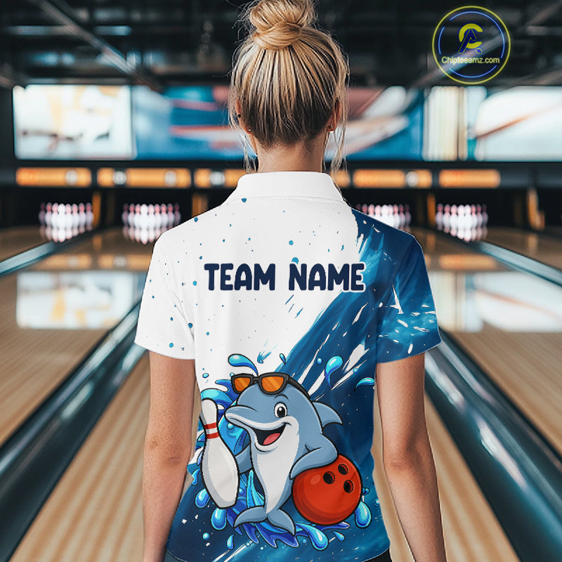 White And Blue Funny Dolphin Bowling Polo, Quarter Zip Shirts For Women Custom Bowling Team Jersey TDM7459
