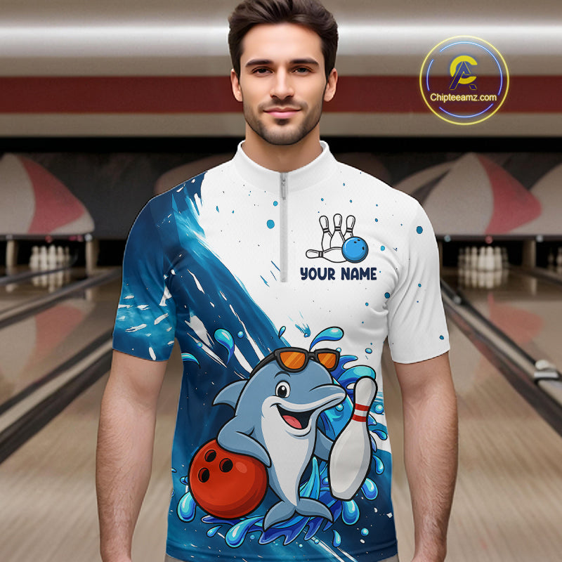 White And Blue Funny Dolphin Bowling Polo, Quarter Zip Shirts For Men Custom Bowling Team Jersey TDM7459