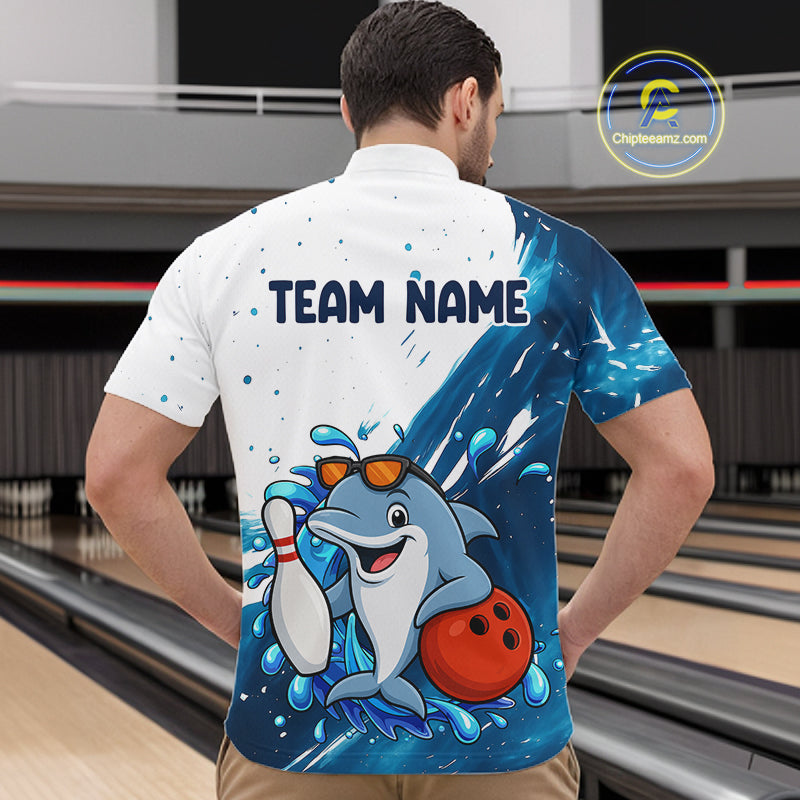 White And Blue Funny Dolphin Bowling Polo, Quarter Zip Shirts For Men Custom Bowling Team Jersey TDM7459