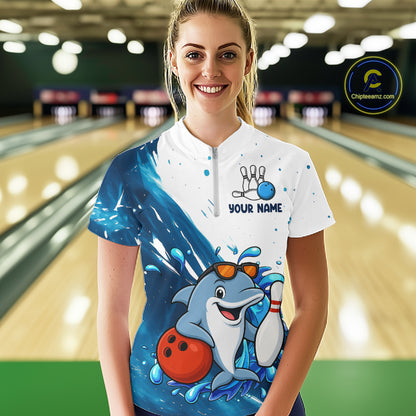 White And Blue Funny Dolphin Bowling Polo, Quarter Zip Shirts For Women Custom Bowling Team Jersey TDM7459