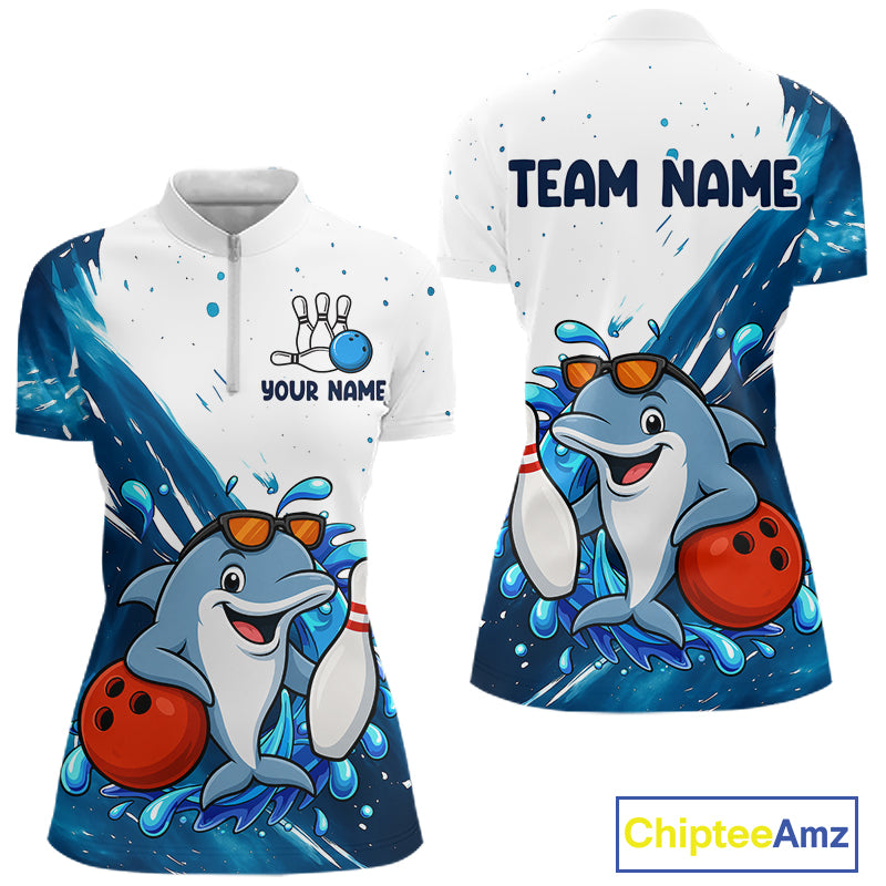 White And Blue Funny Dolphin Bowling Polo, Quarter Zip Shirts For Women Custom Bowling Team Jersey TDM7459