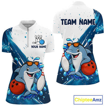White And Blue Funny Dolphin Bowling Polo, Quarter Zip Shirts For Women Custom Bowling Team Jersey TDM7459
