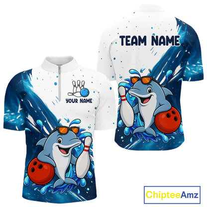 White And Blue Funny Dolphin Bowling Polo, Quarter Zip Shirts For Men Custom Bowling Team Jersey TDM7459