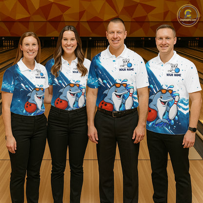 White And Blue Funny Dolphin Bowling Polo, Quarter Zip Shirts For Men Custom Bowling Team Jersey TDM7459