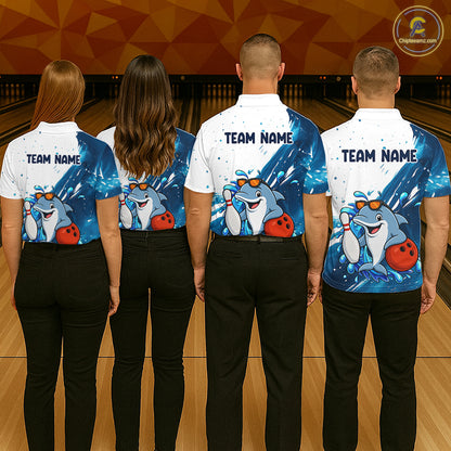 White And Blue Funny Dolphin Bowling Polo, Quarter Zip Shirts For Men Custom Bowling Team Jersey TDM7459