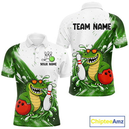 Green And White Funny Alligator Bowling Polo, Quarter Zip Shirt For Men Custom Bowling Team Jersey TDM7460