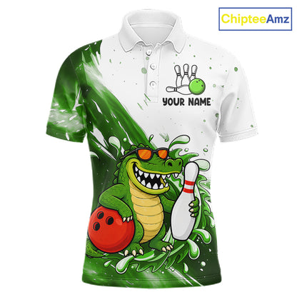 Green And White Funny Alligator Bowling Polo, Quarter Zip Shirt For Men Custom Bowling Team Jersey TDM7460