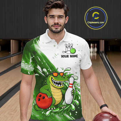Green And White Funny Alligator Bowling Polo, Quarter Zip Shirt For Men Custom Bowling Team Jersey TDM7460