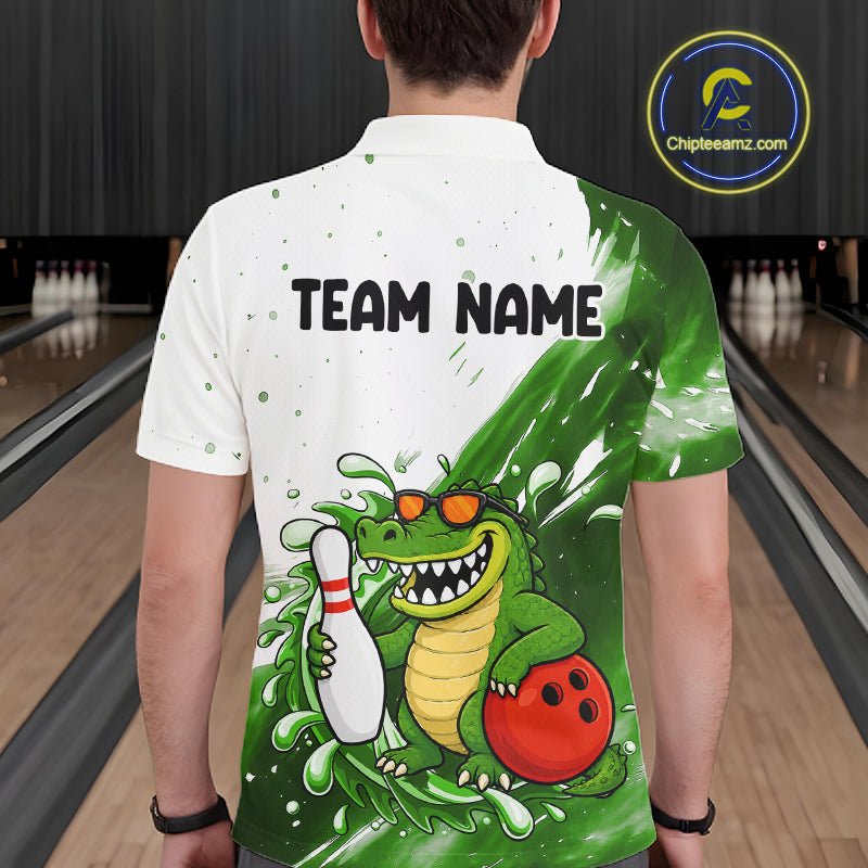 Green And White Funny Alligator Bowling Polo, Quarter Zip Shirt For Men Custom Bowling Team Jersey TDM7460