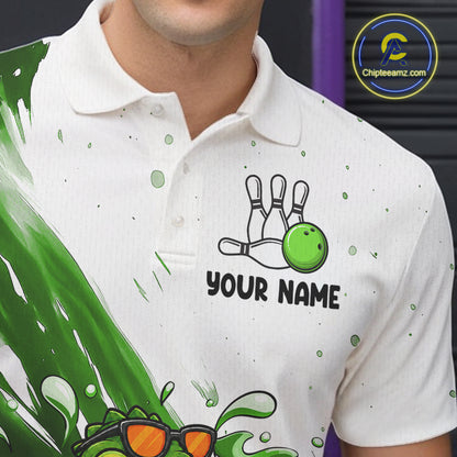 Green And White Funny Alligator Bowling Polo, Quarter Zip Shirt For Men Custom Bowling Team Jersey TDM7460