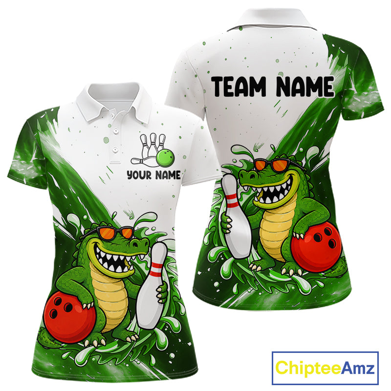 Green And White Funny Alligator Bowling Polo, Quarter Zip Shirt For Women Custom Bowling Team Jersey TDM7460