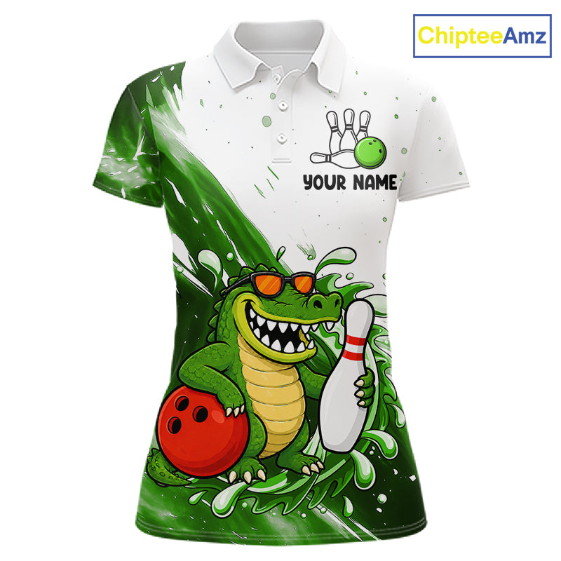 Green And White Funny Alligator Bowling Polo, Quarter Zip Shirt For Women Custom Bowling Team Jersey TDM7460