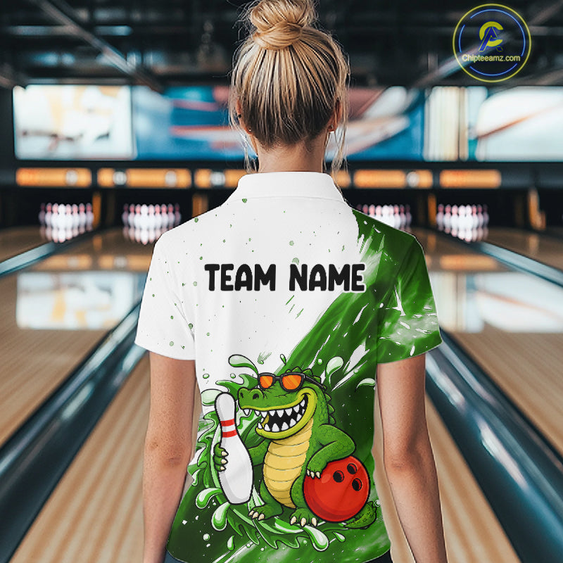 Green And White Funny Alligator Bowling Polo, Quarter Zip Shirt For Women Custom Bowling Team Jersey TDM7460