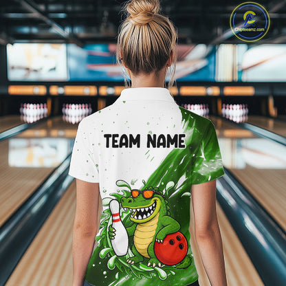 Green And White Funny Alligator Bowling Polo, Quarter Zip Shirt For Women Custom Bowling Team Jersey TDM7460
