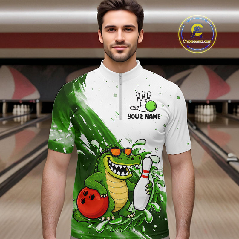 Green And White Funny Alligator Bowling Polo, Quarter Zip Shirt For Men Custom Bowling Team Jersey TDM7460