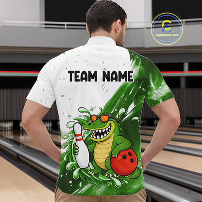 Green And White Funny Alligator Bowling Polo, Quarter Zip Shirt For Men Custom Bowling Team Jersey TDM7460