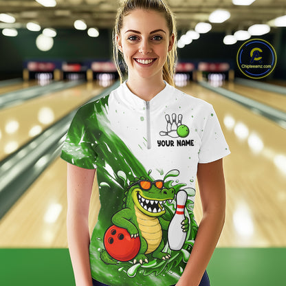 Green And White Funny Alligator Bowling Polo, Quarter Zip Shirt For Women Custom Bowling Team Jersey TDM7460