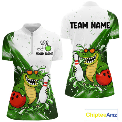 Green And White Funny Alligator Bowling Polo, Quarter Zip Shirt For Women Custom Bowling Team Jersey TDM7460