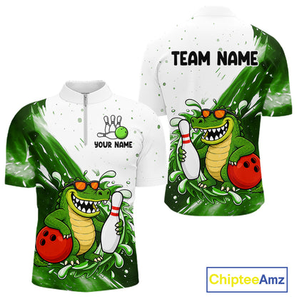 Green And White Funny Alligator Bowling Polo, Quarter Zip Shirt For Men Custom Bowling Team Jersey TDM7460