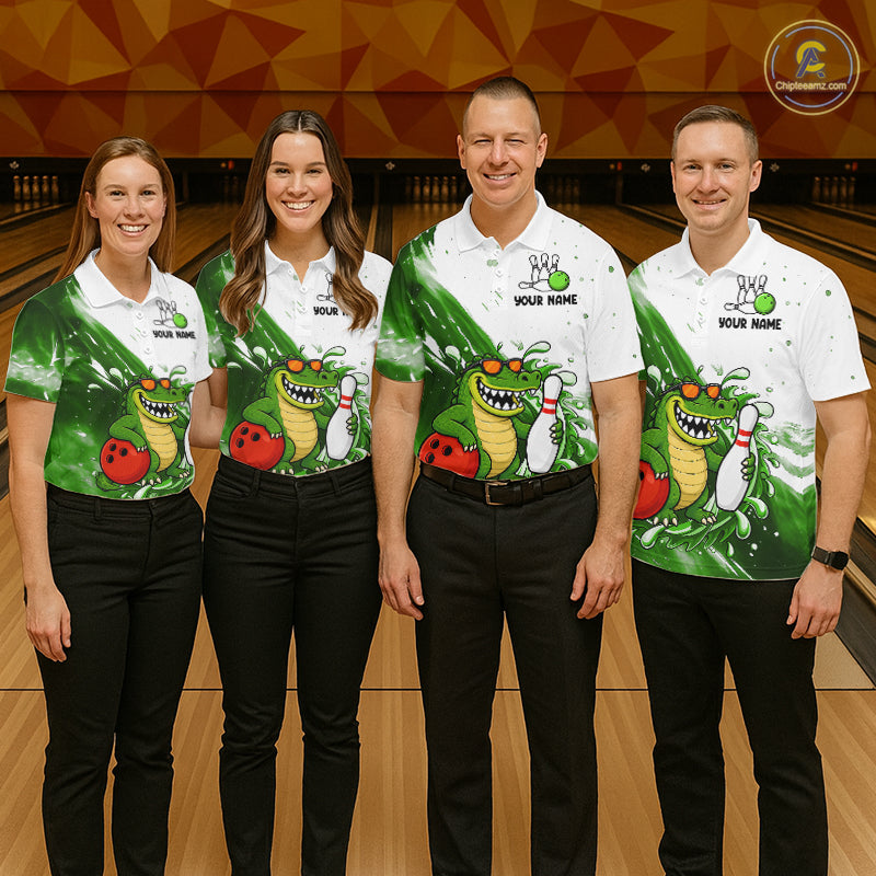 Green And White Funny Alligator Bowling Polo, Quarter Zip Shirt For Men Custom Bowling Team Jersey TDM7460
