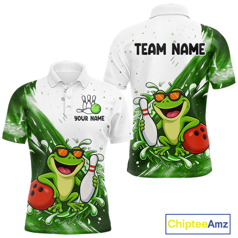 Green And White Funny Frog Bowling Polo, Quarter Zip Shirt For Men Custom Bowling Team Jersey TDM7461