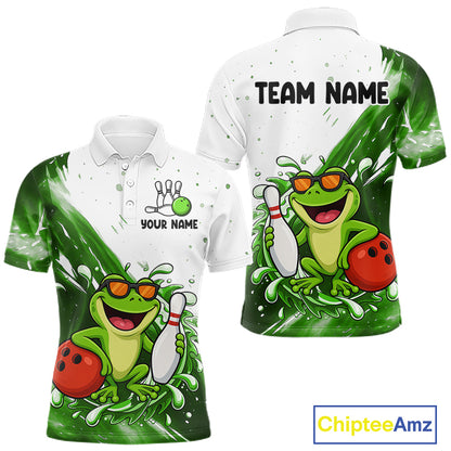 Green And White Funny Frog Bowling Polo, Quarter Zip Shirt For Men Custom Bowling Team Jersey TDM7461